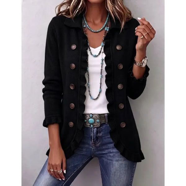 Women's Sweater Knit Cardigan Sweater Lapel Collar Solid Ruffle Trim Button Long Sleeve Loose Coat Casual Autumn Daily Outerwear