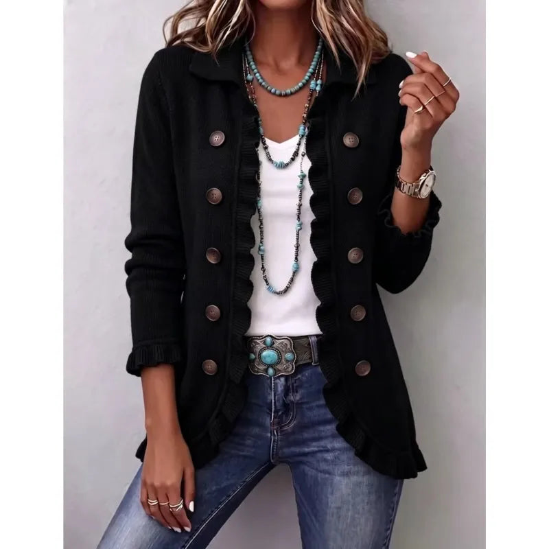 Women's Sweater Knit Cardigan Sweater Lapel Collar Solid Ruffle Trim Button Long Sleeve Loose Coat Casual Autumn Daily Outerwear