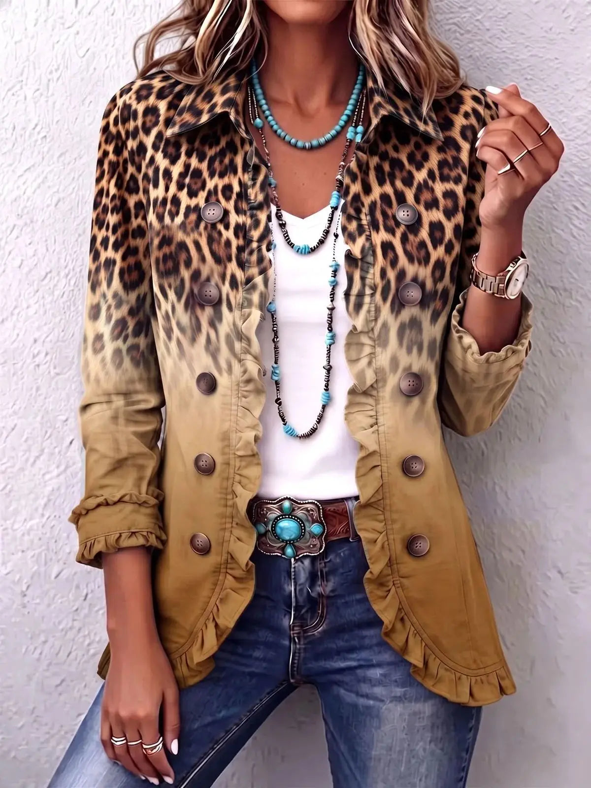 Women's Fashion Leopard Print Long Sleeve Ruffled Buttoned Cardigan Shirt Casual Western Style Tops Spring Autumn Shirts Women - 3