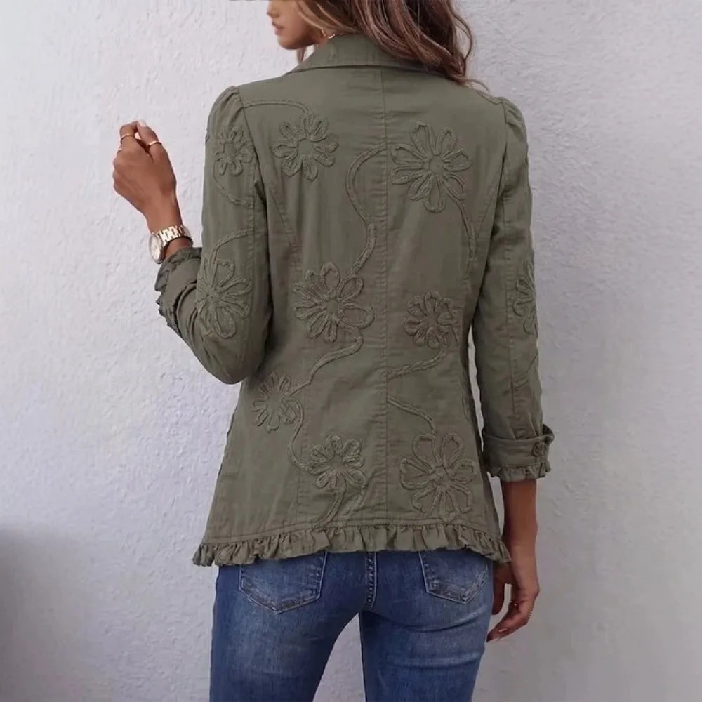 Women's Army Green Jacket Casual Lapel Long Sleeve Floral Ruffle Trim Button Front Loose Solid Western Vintage Outerwear Coat