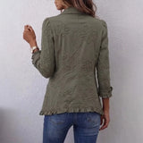 Women's Army Green Jacket Casual Lapel Long Sleeve Floral Ruffle Trim Button Front Loose Solid Western Vintage Outerwear Coat