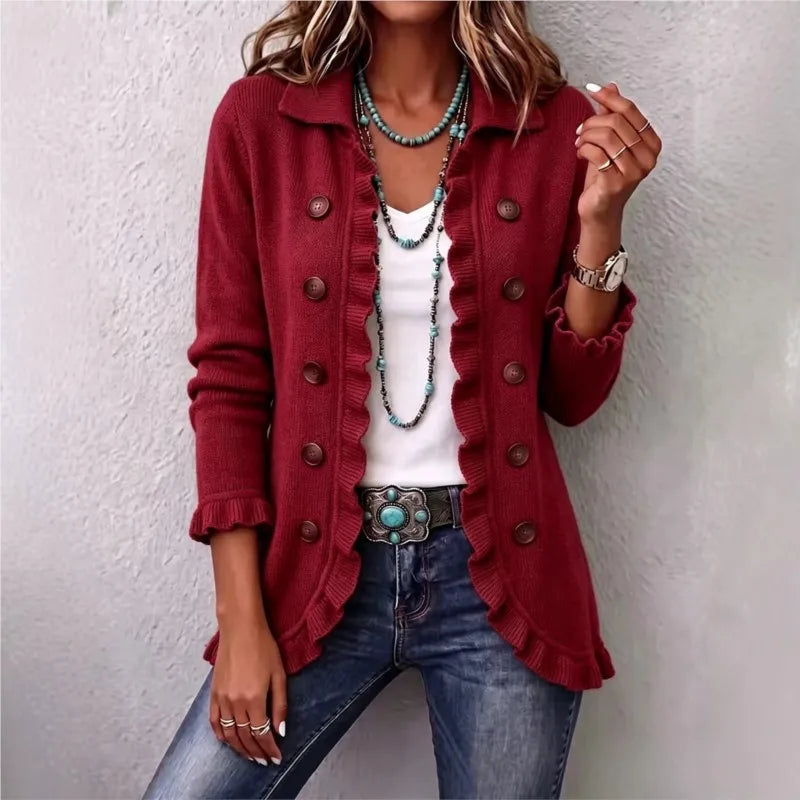 Women's Sweater Knit Cardigan Sweater Lapel Collar Solid Ruffle Trim Button Long Sleeve Loose Coat Casual Autumn Daily Outerwear