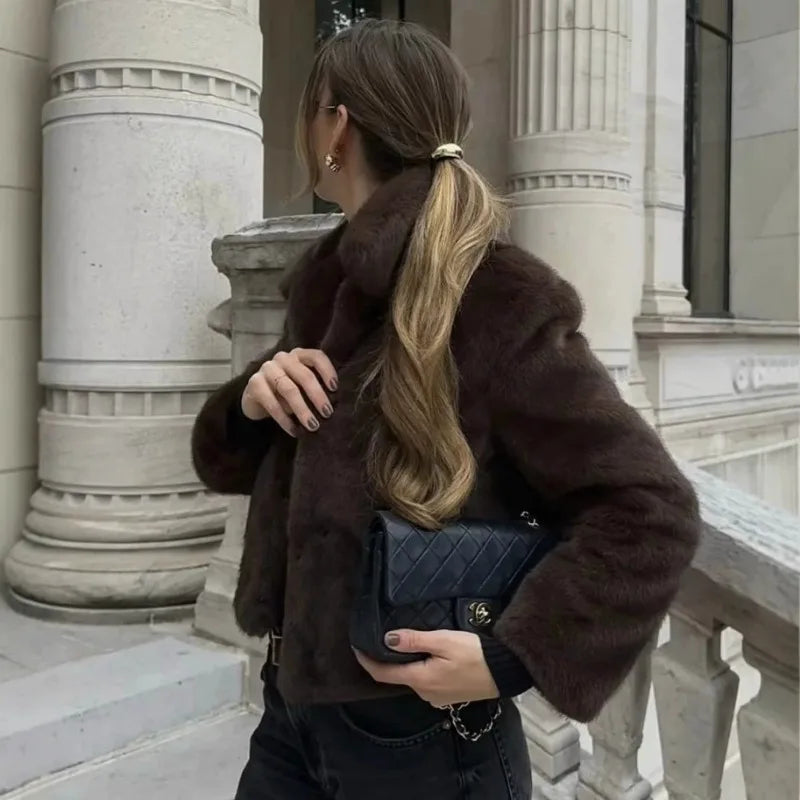 Luxury Brand High Quality Brown Fur Coat Women's Winter Warm Fluffy Faux Fur Jacket Soft Vintage Single-Breasted Outerwear Trend