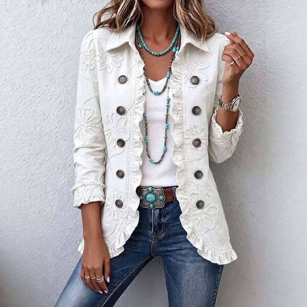 Women's Army Green Jacket Casual Lapel Long Sleeve Floral Ruffle Trim Button Front Loose Solid Western Vintage Outerwear Coat