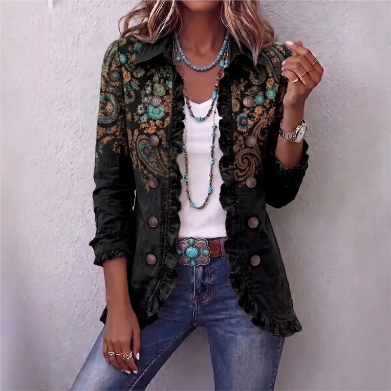 Women's Fashion Leopard Print Long Sleeve Ruffled Buttoned Cardigan Shirt Casual Western Style Tops Spring Autumn Shirts Women