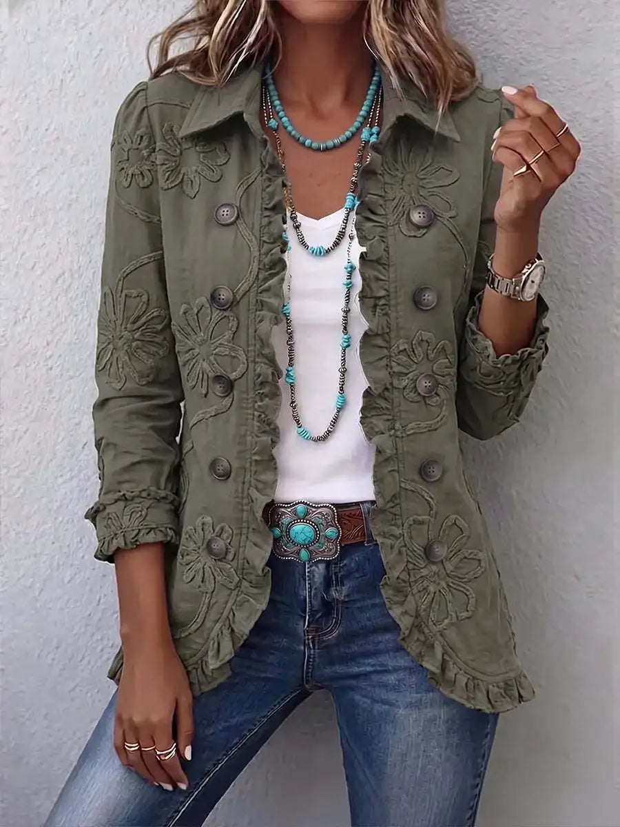 Women's Army Green Jacket Casual Lapel Long Sleeve Floral Ruffle Trim Button Front Loose Solid Western Vintage Outerwear Coat - Green