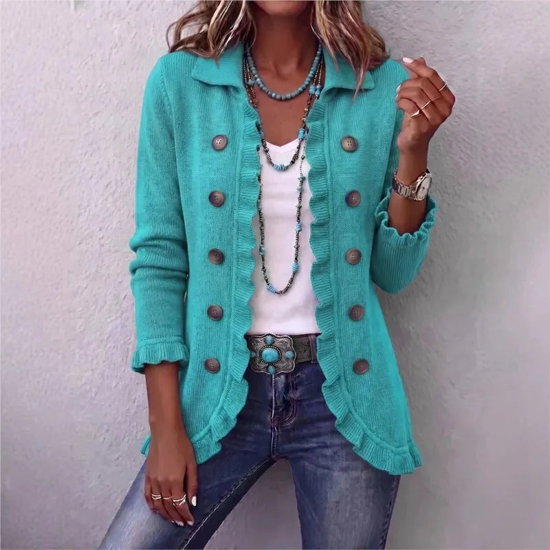 Women's Sweater Knit Cardigan Sweater Lapel Collar Solid Ruffle Trim Button Long Sleeve Loose Coat Casual Autumn Daily Outerwear