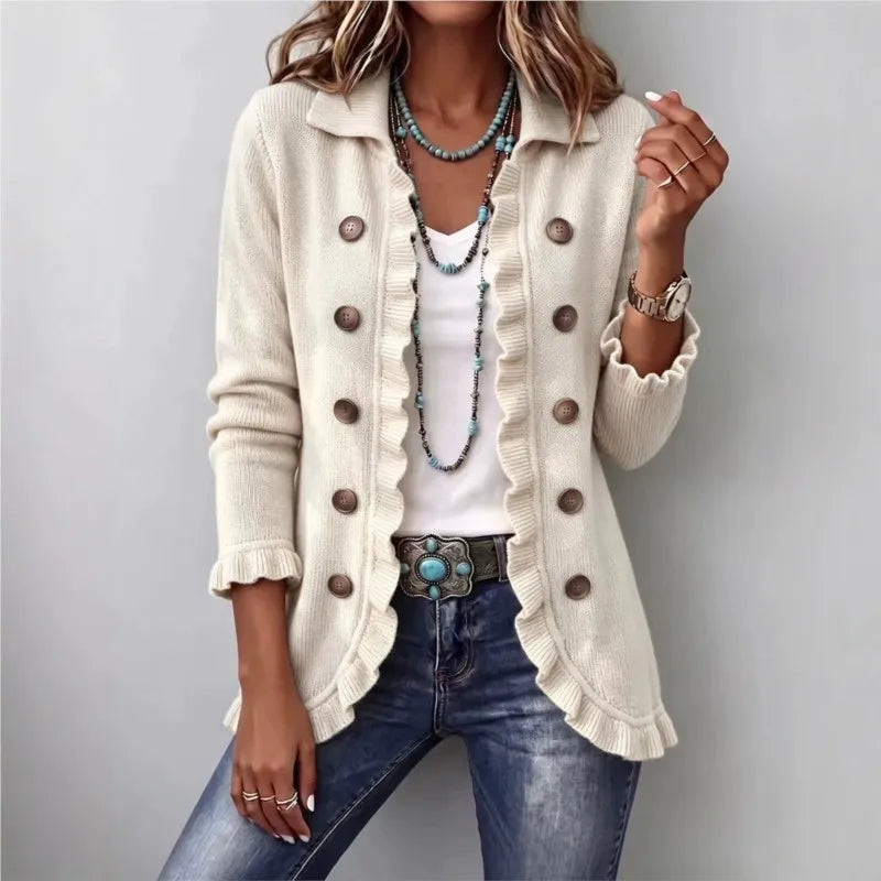 Women's Sweater Knit Cardigan Sweater Lapel Collar Solid Ruffle Trim Button Long Sleeve Loose Coat Casual Autumn Daily Outerwear