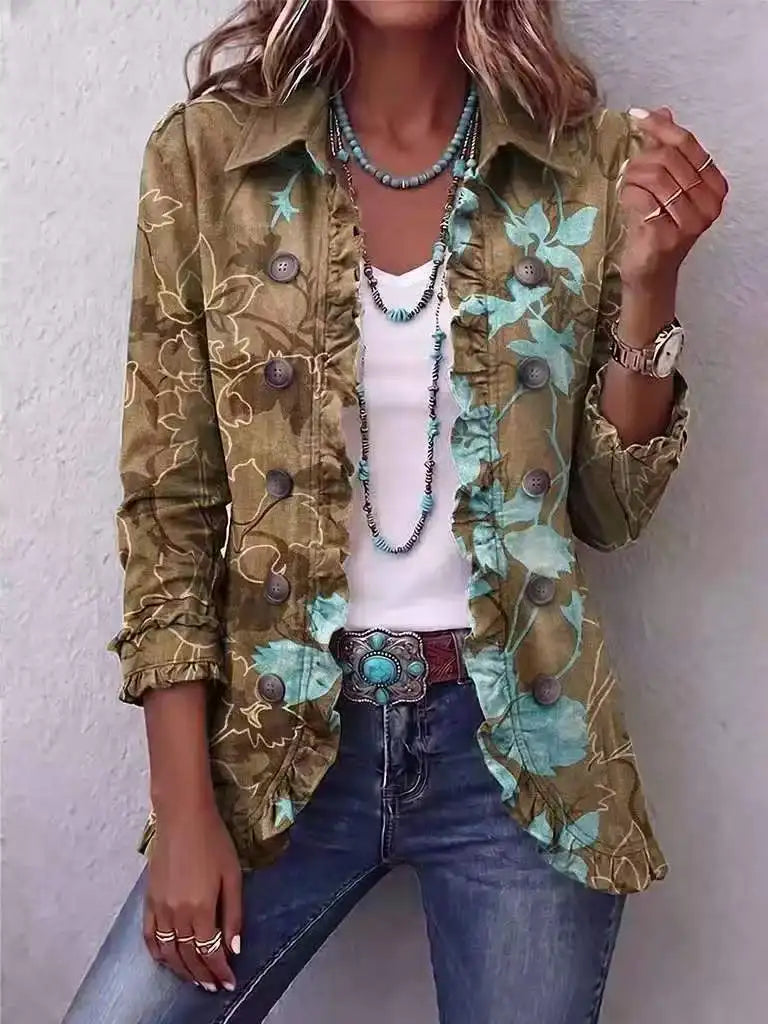 Women's Fashion Leopard Print Long Sleeve Ruffled Buttoned Cardigan Shirt Casual Western Style Tops Spring Autumn Shirts Women - 34