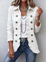 Women's Army Green Jacket Casual Lapel Long Sleeve Floral Ruffle Trim Button Front Loose Solid Western Vintage Outerwear Coat - White