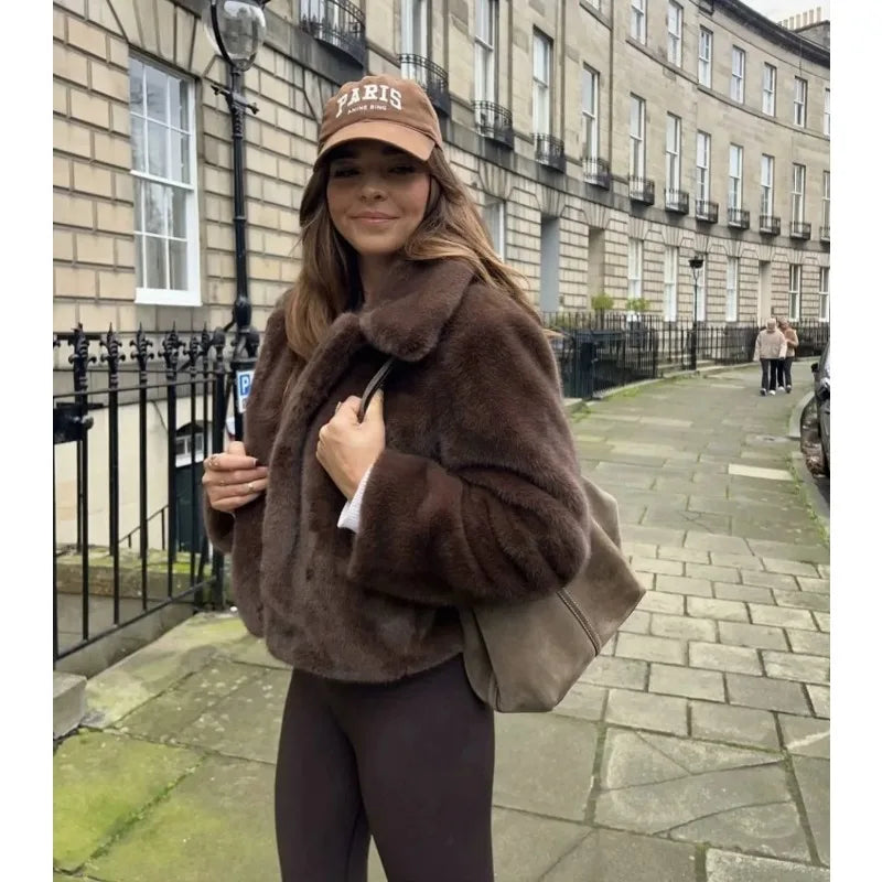 Luxury Brand High Quality Brown Fur Coat Women's Winter Warm Fluffy Faux Fur Jacket Soft Vintage Single-Breasted Outerwear Trend