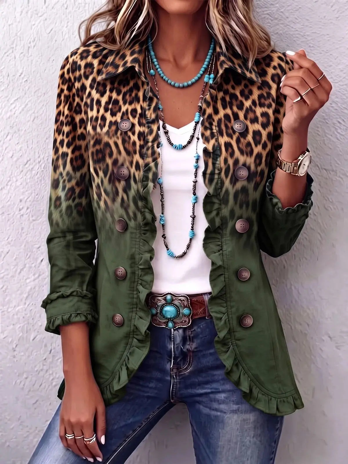 Women's Fashion Leopard Print Long Sleeve Ruffled Buttoned Cardigan Shirt Casual Western Style Tops Spring Autumn Shirts Women - 6