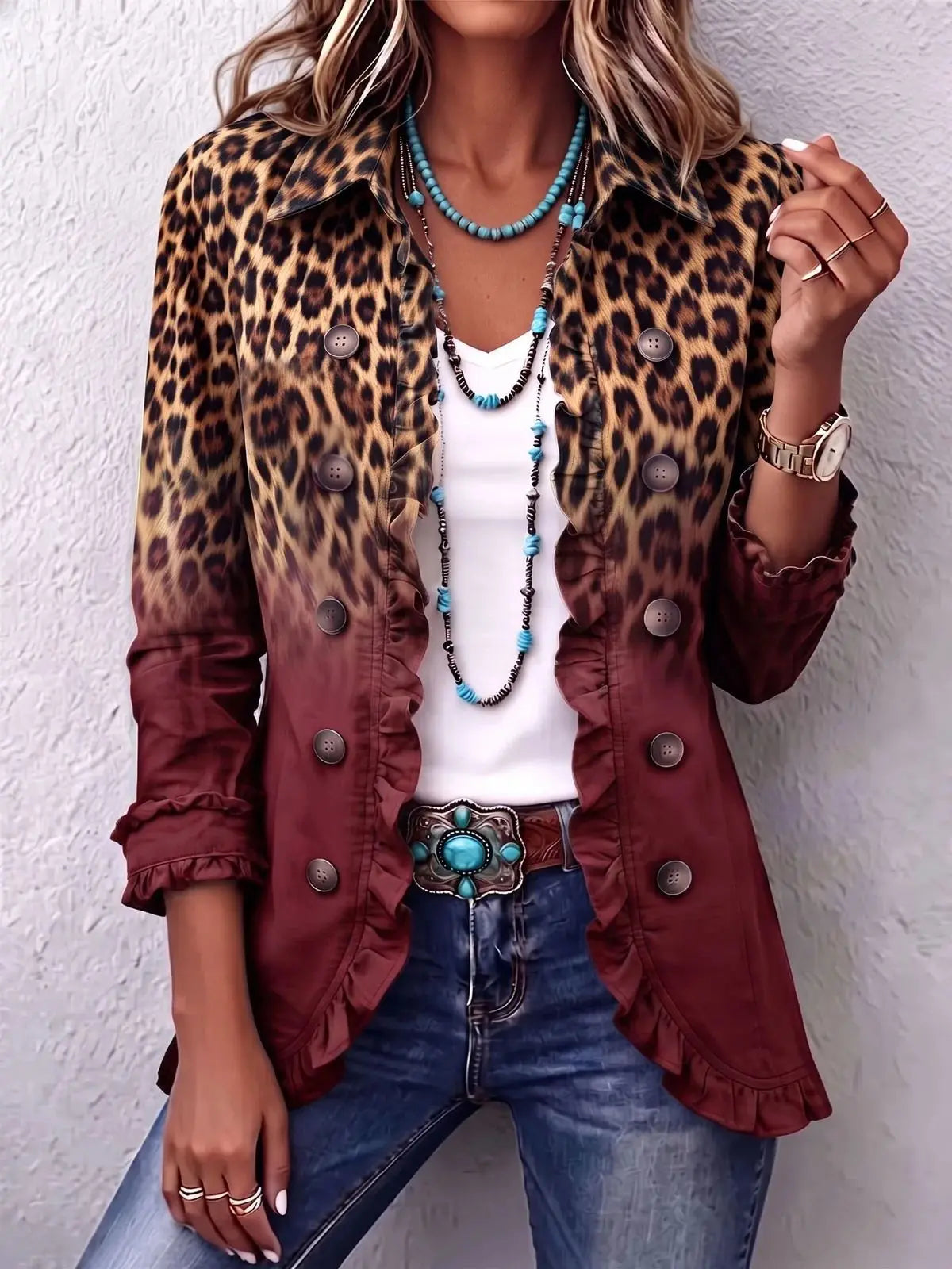 Women's Fashion Leopard Print Long Sleeve Ruffled Buttoned Cardigan Shirt Casual Western Style Tops Spring Autumn Shirts Women - 2