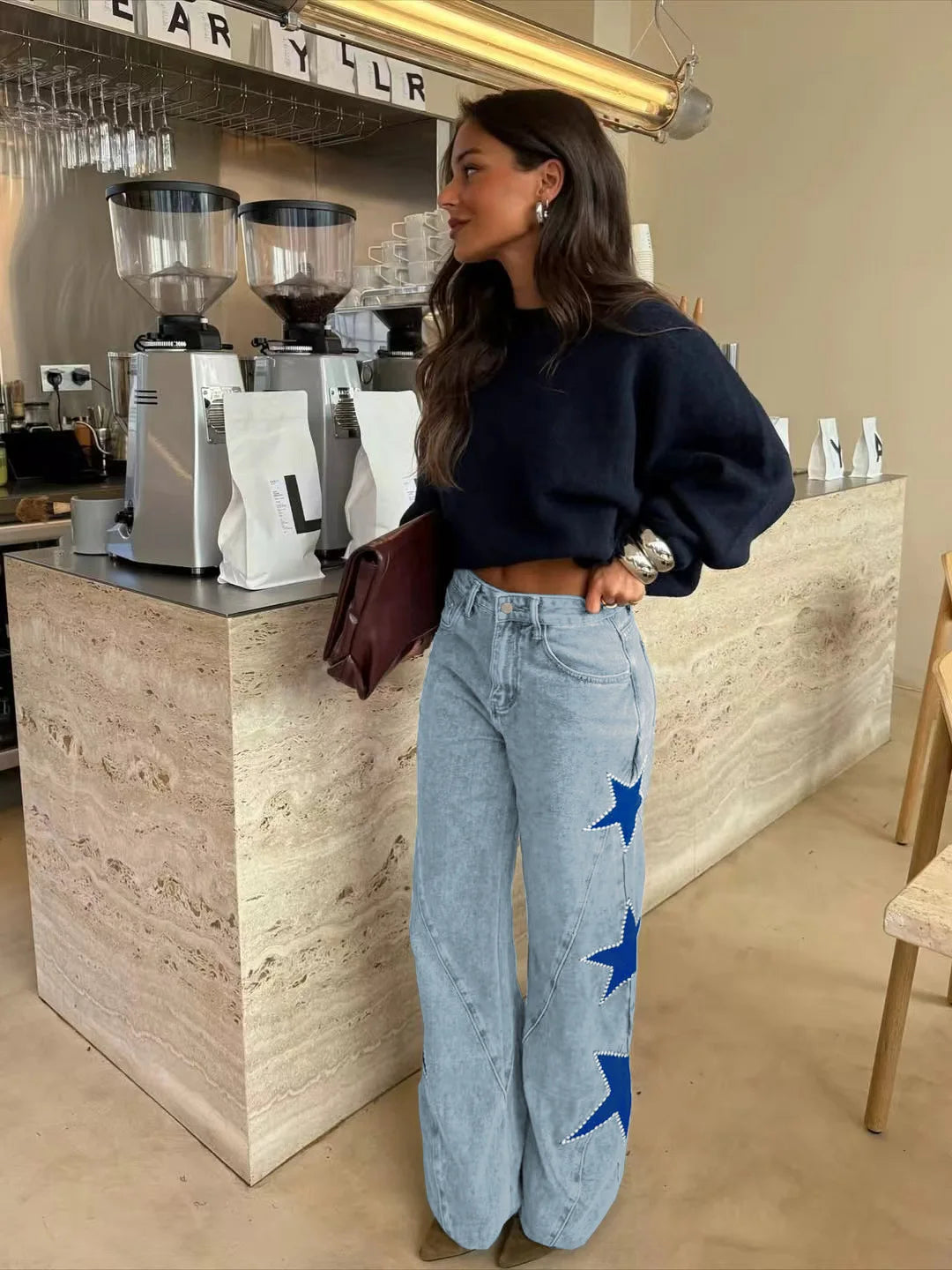 Women Denim Pant Jeans Vintage Wide Leg Long Pants Print High Waist Straight Trousers Y2k Streetwear Work Casual Loose 2026 - light blue