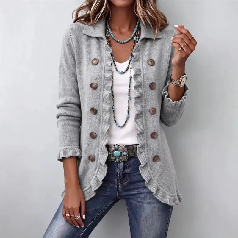 Women's Sweater Knit Cardigan Sweater Lapel Collar Solid Ruffle Trim Button Long Sleeve Loose Coat Casual Autumn Daily Outerwear