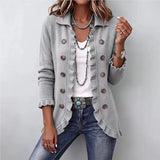 Women's Sweater Knit Cardigan Sweater Lapel Collar Solid Ruffle Trim Button Long Sleeve Loose Coat Casual Autumn Daily Outerwear
