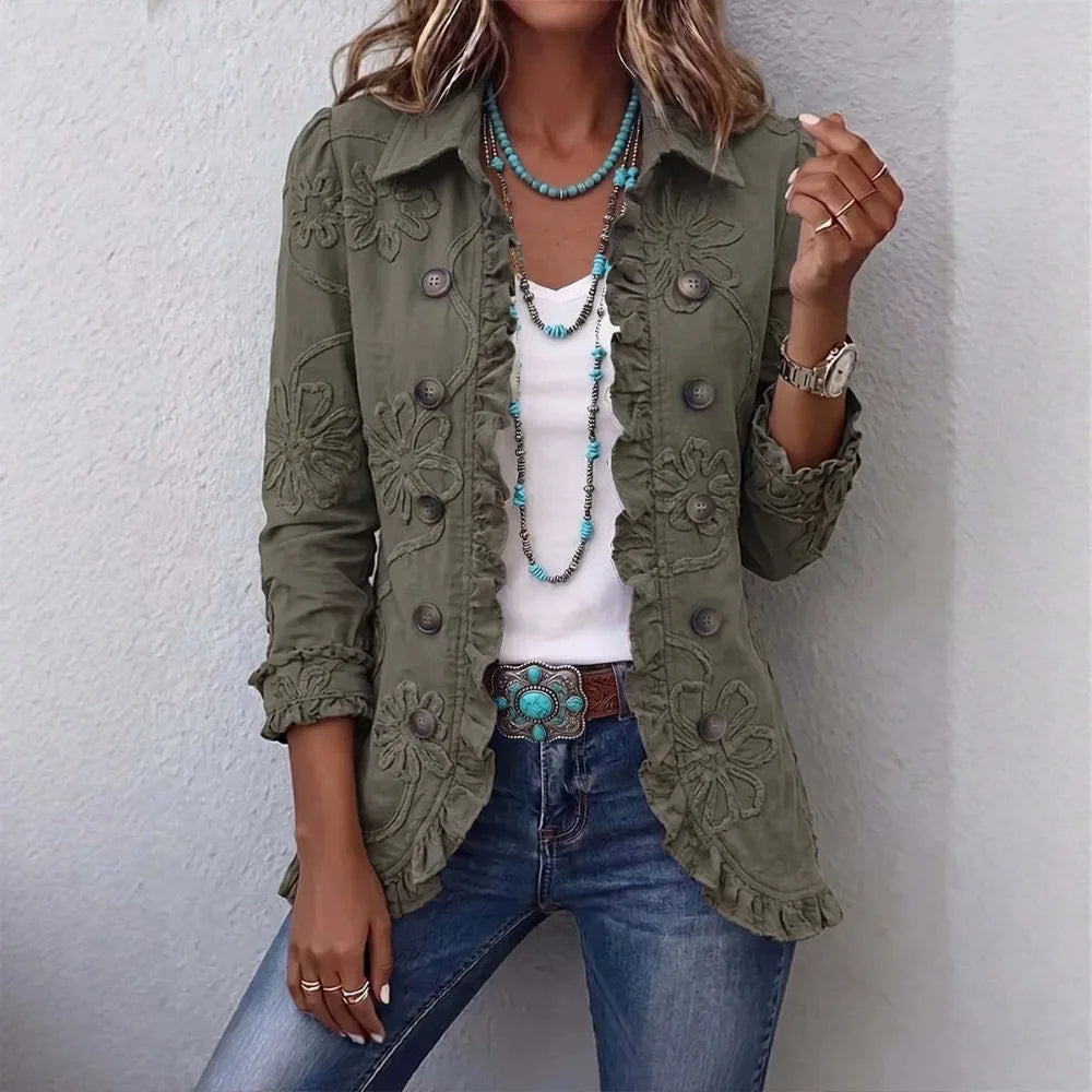 Women's Army Green Jacket Casual Lapel Long Sleeve Floral Ruffle Trim Button Front Loose Solid Western Vintage Outerwear Coat