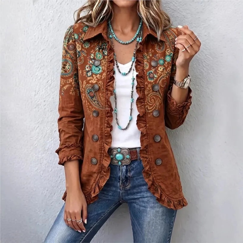 Women's Fashion Leopard Print Long Sleeve Ruffled Buttoned Cardigan Shirt Casual Western Style Tops Spring Autumn Shirts Women